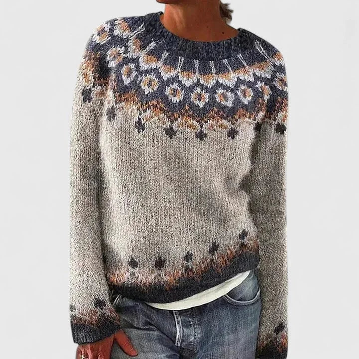 Women's fair isle knit crew neck jumper with pattern – Dark Grey