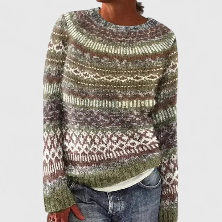 Women's fair isle knit crew neck jumper with pattern – Green