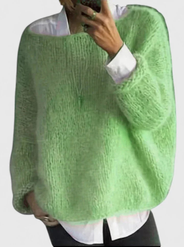Women's knit crew neck jumper with loose fuzzy – Green