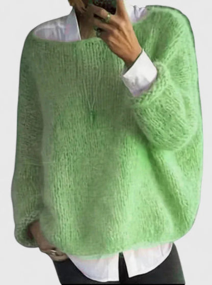 Women's knit crew neck jumper with loose fuzzy – Green