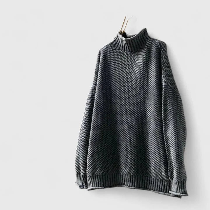 Women's knit roll neck jumper with textured body – Grey