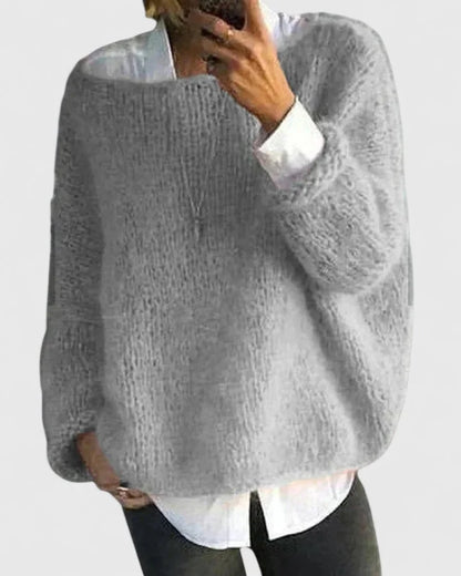 Women's knit crew neck jumper with loose fuzzy – Grey