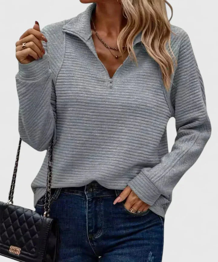 Women's ribbed half-zip stand collar jumper with texture – Grey