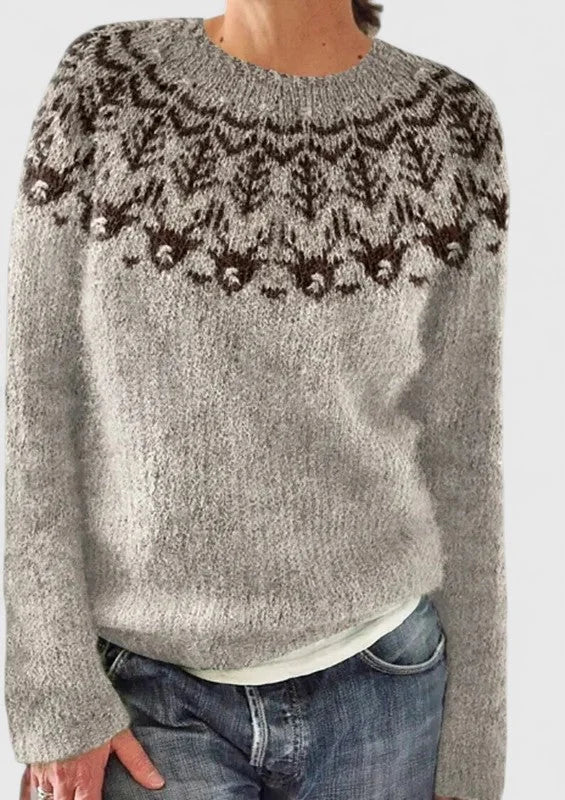 Women's fair isle knit crew neck jumper with pattern – Grey