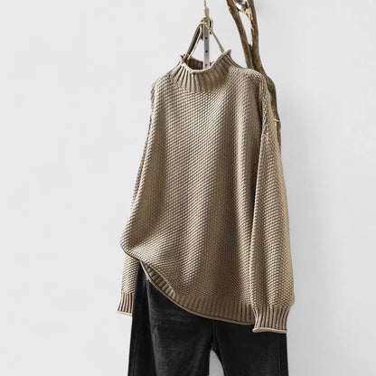 Women's knit roll neck jumper with textured body – Khaki