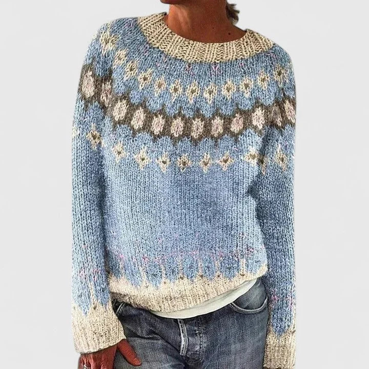 Women's fair isle knit crew neck jumper with pattern – Light Blue