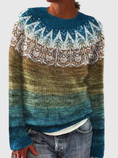 Women's fair isle knit crew neck jumper with pattern – Ocean Green