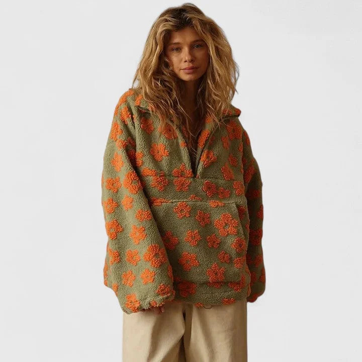 Women's floral borg half-zip fleece jacket with front pouch pocket – Orange