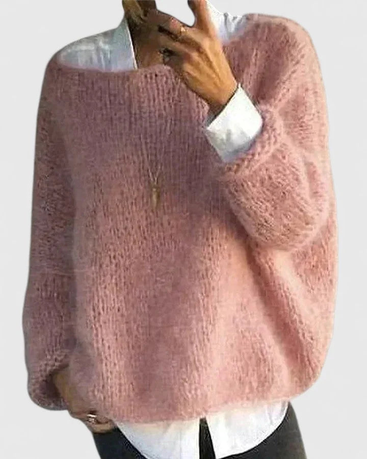 Women's knit crew neck jumper with loose fuzzy – Pink