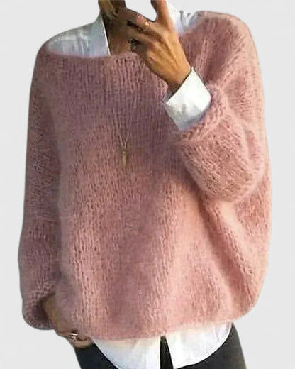 Women's knit crew neck jumper with loose fuzzy – Pink