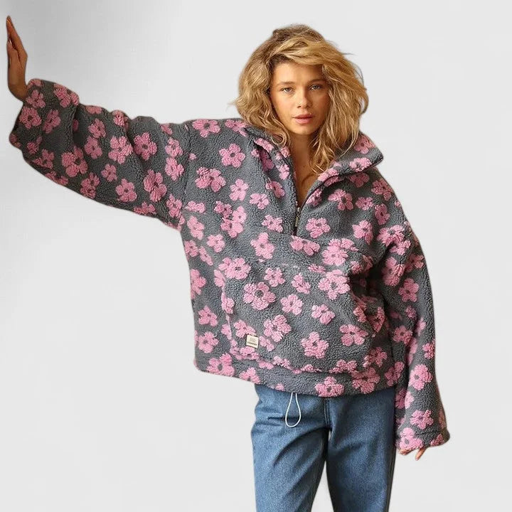 Women's floral borg half-zip fleece jacket with front pouch pocket – Pink