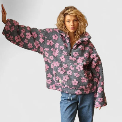 Women's floral borg half-zip fleece jacket with front pouch pocket – Pink