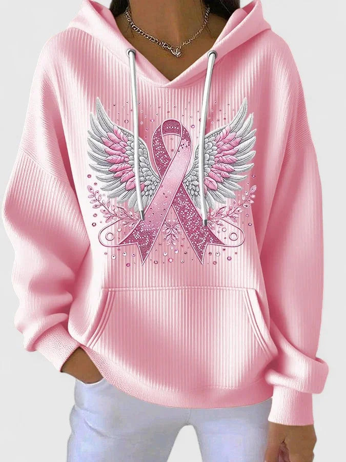 Women's ribbed hood hoodie with winged ribbon graphic – Pink