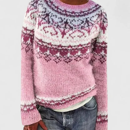 Women's fair isle knit crew neck jumper with pattern – Pink