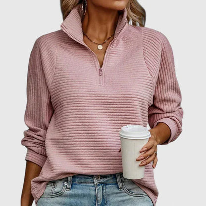 Women's ribbed half-zip stand collar jumper with texture – Pink