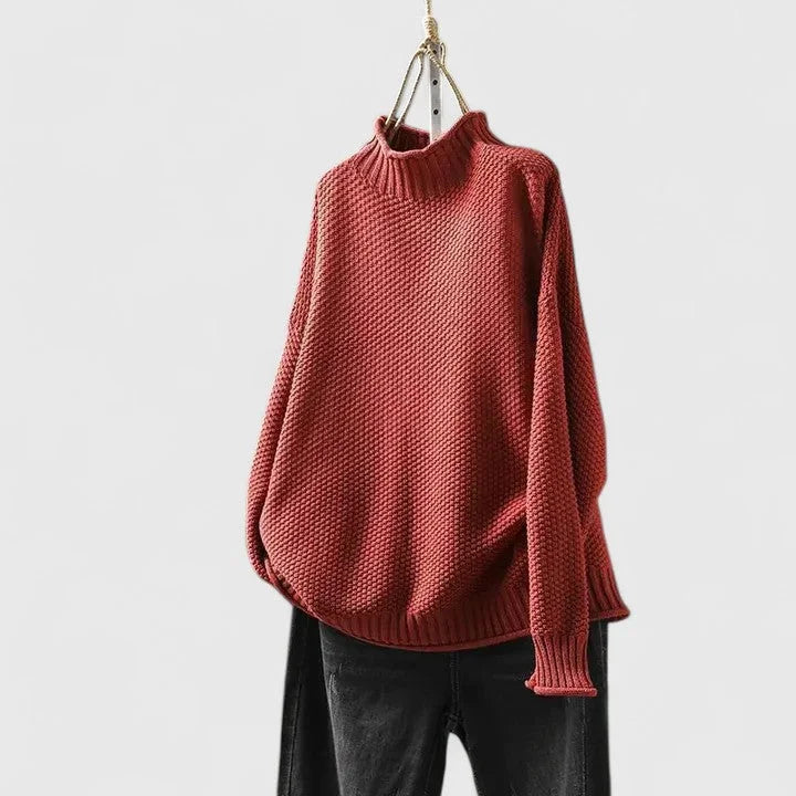 Women's knit roll neck jumper with textured body – Red
