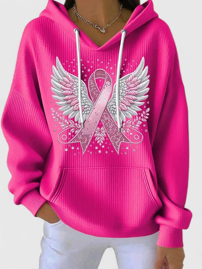 Women's ribbed hood hoodie with winged ribbon graphic – Rose Red
