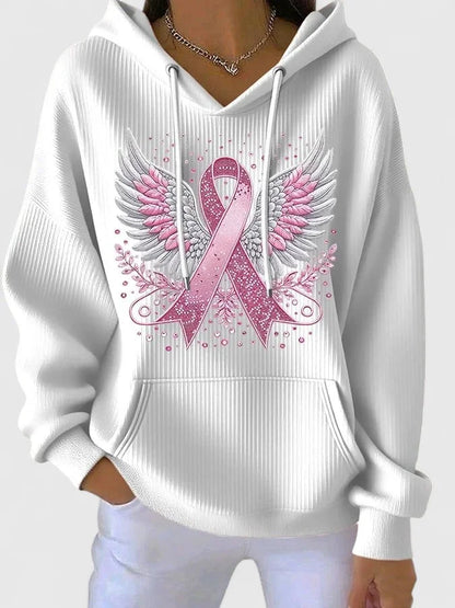 Women's ribbed hood hoodie with winged ribbon graphic – White