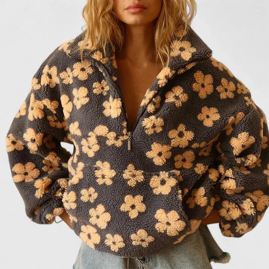 Women's floral borg half-zip fleece jacket with front pouch pocket – Yellow