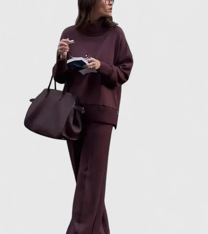 Women's knit roll neck two piece set with wide leg