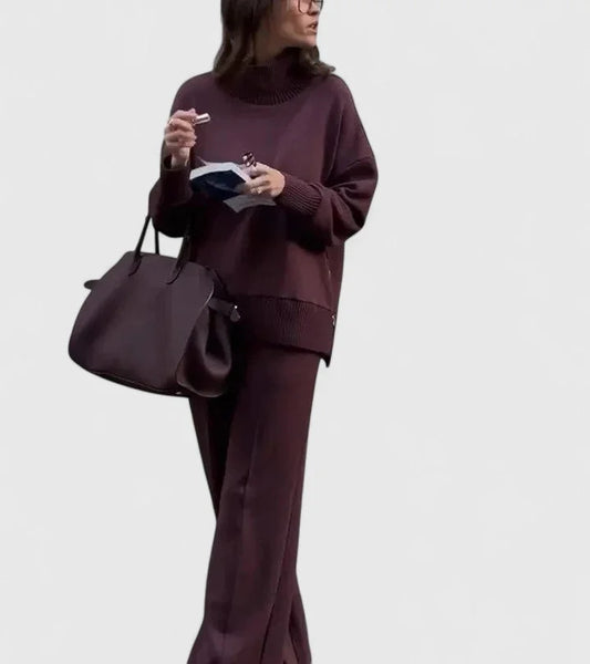 Women's knit roll neck two piece set with wide leg