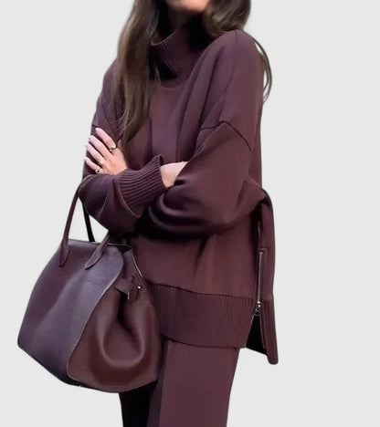 Women's knit roll neck two piece set with wide leg