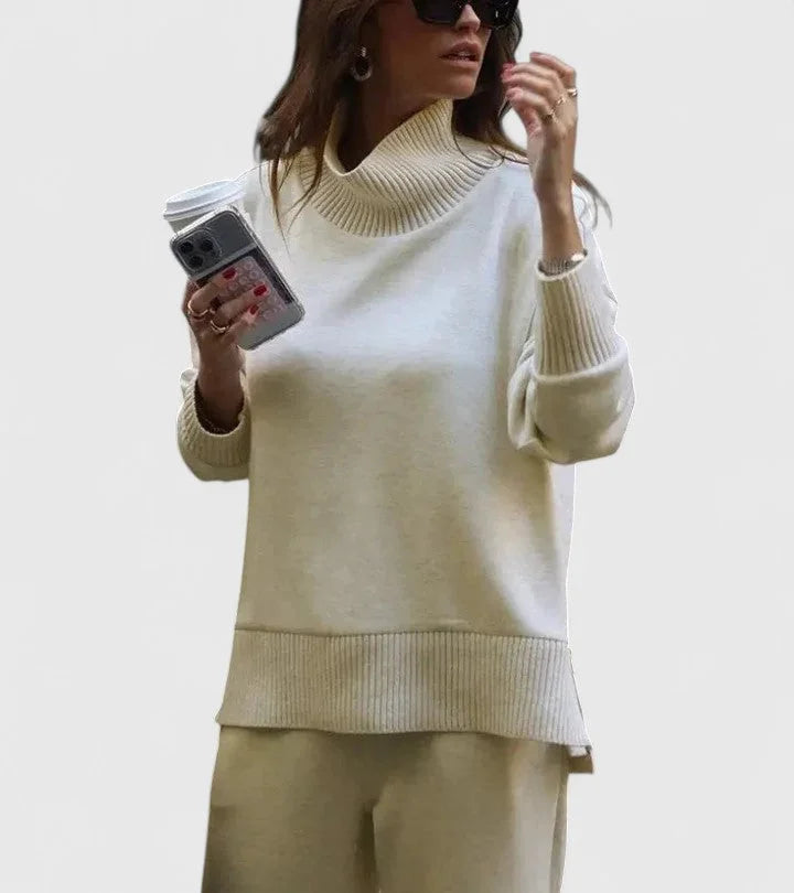 Women's knit roll neck two piece set with wide leg – Off White