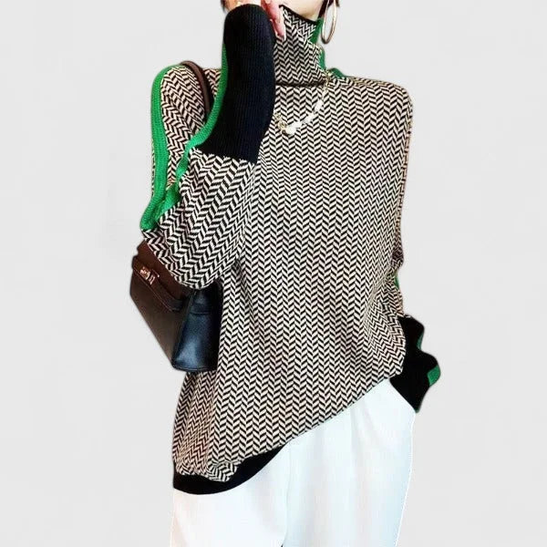 Women's high-collar sweater with contrasting stripe detail