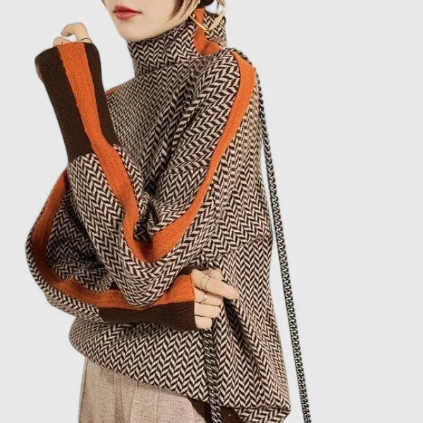 Women's high-collar sweater with contrasting stripe detail