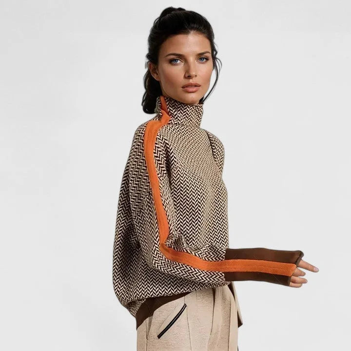 Women's high-collar sweater with contrasting stripe detail