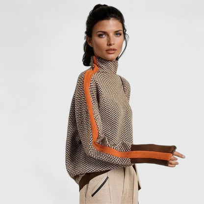 Women's high-collar sweater with contrasting stripe detail
