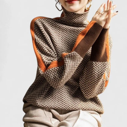 Women's high-collar sweater with contrasting stripe detail