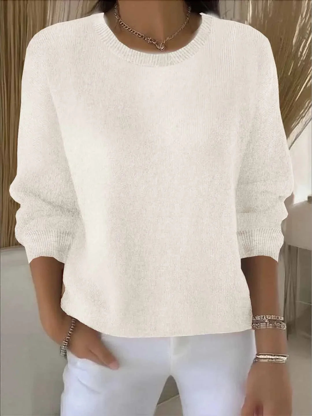 Women's soft knit crew-neck pullover sweater for layering – Apricot