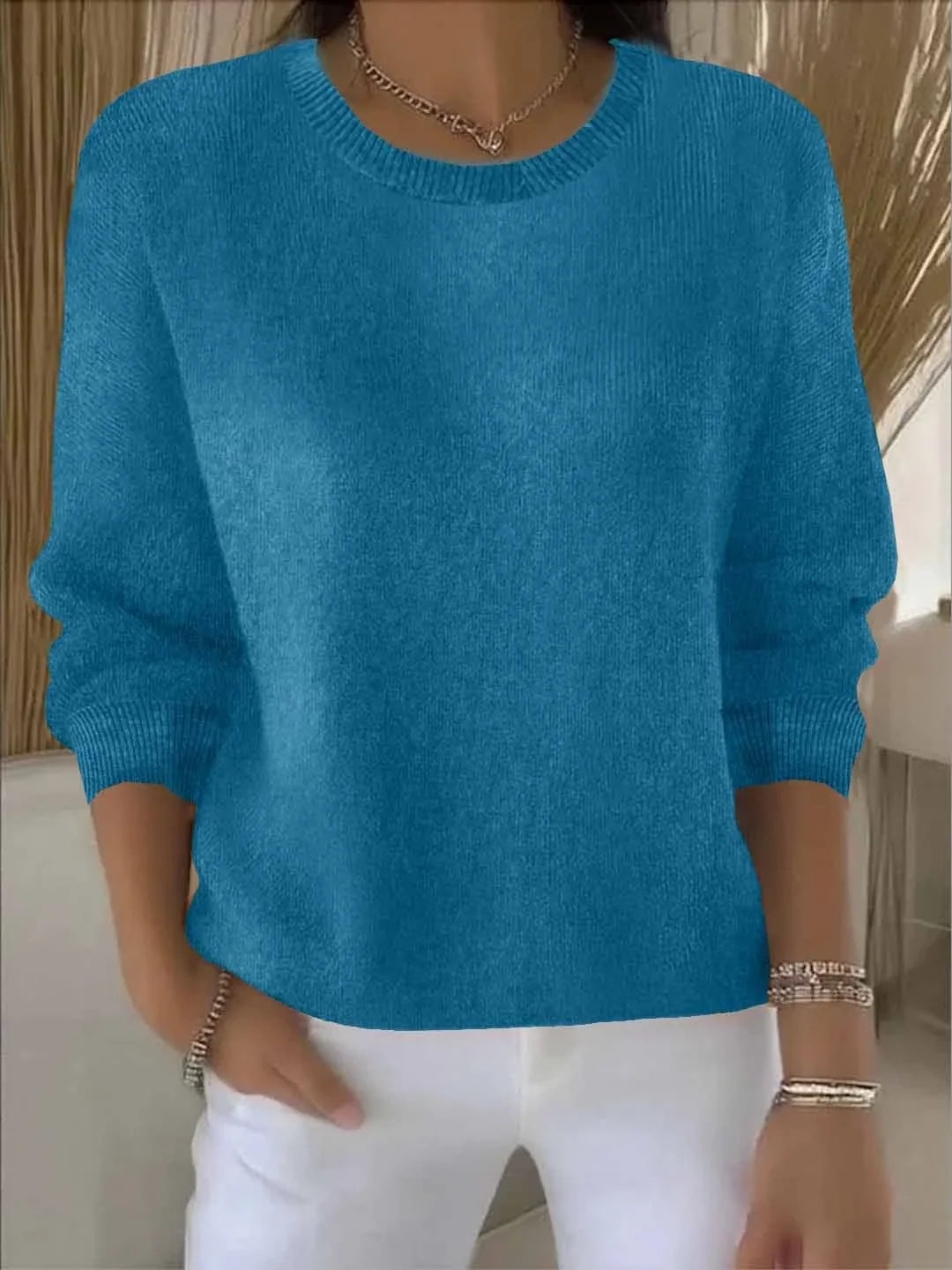 Women's soft knit crew-neck pullover sweater for layering – Blue