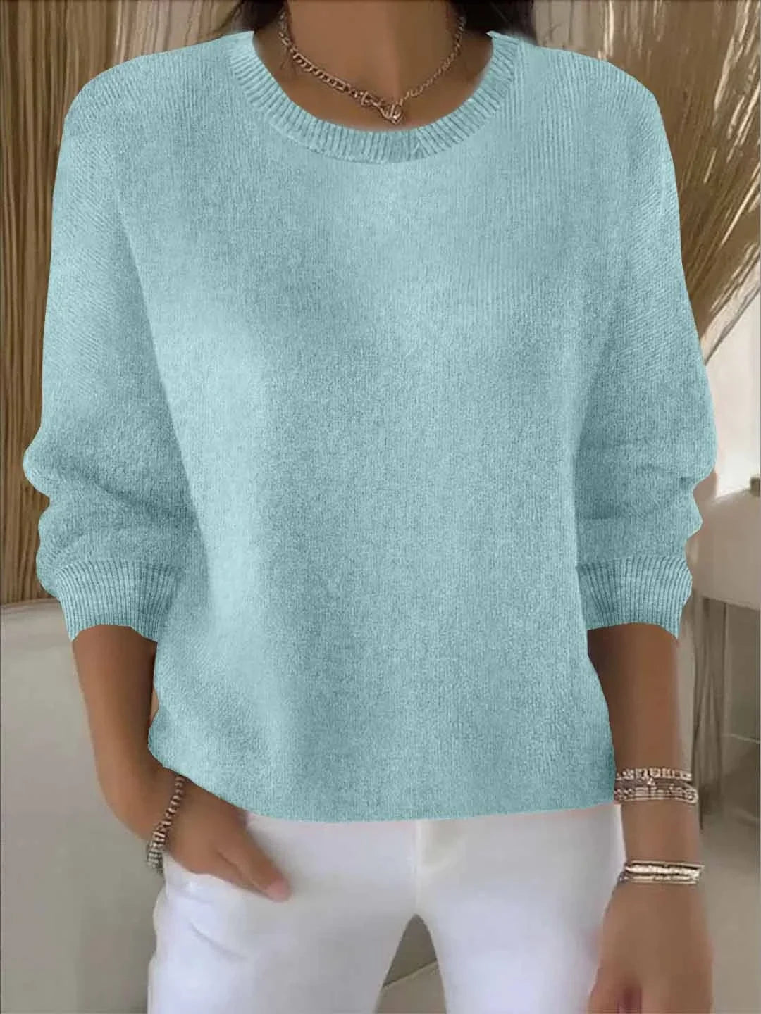Women's soft knit crew-neck pullover sweater for layering – Light Green