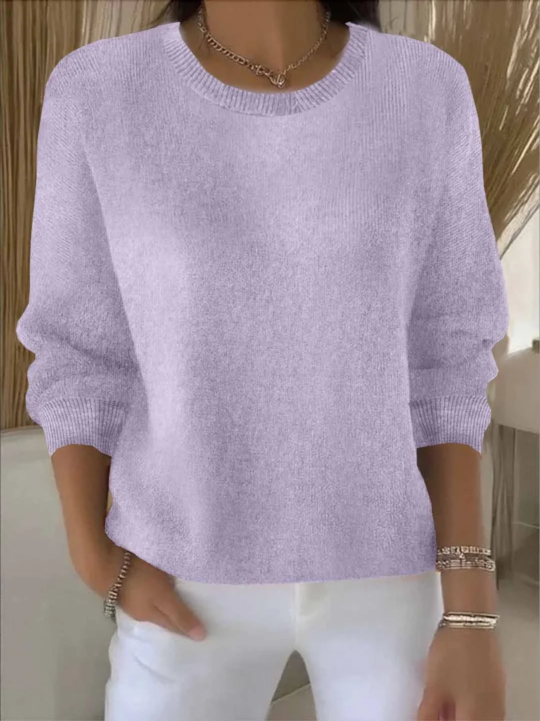 Women's soft knit crew-neck pullover sweater for layering – Light Purple