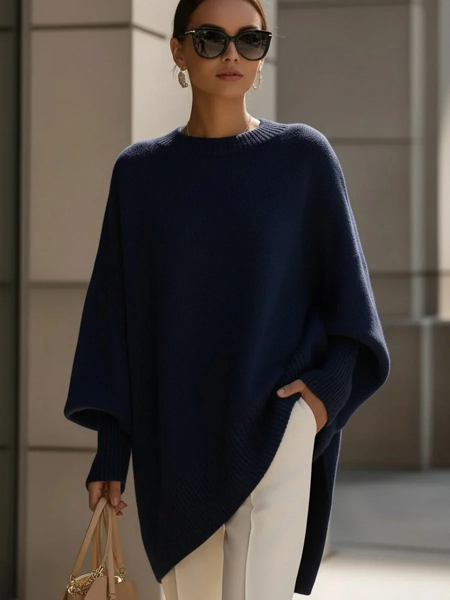 Women's oversized wool-blend sweater with asymmetrical hem – Navy Blue