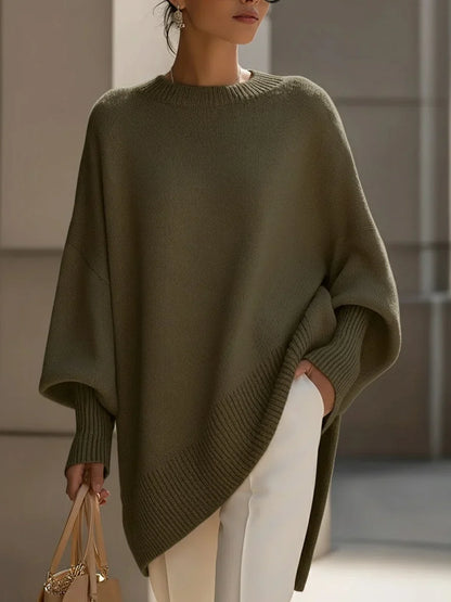 Women's oversized wool-blend sweater with asymmetrical hem – Olive Green
