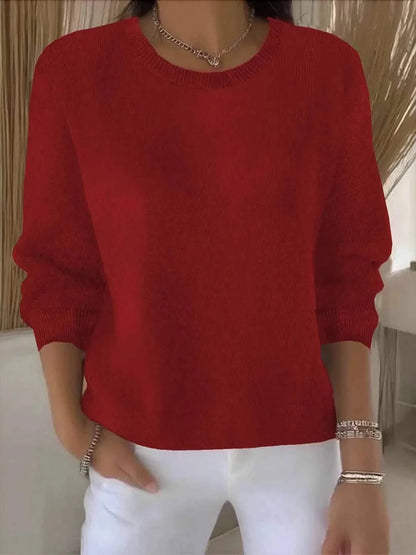 Women's soft knit crew-neck pullover sweater for layering – Red