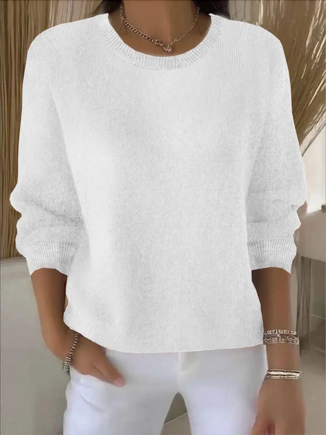 Women's soft knit crew-neck pullover sweater for layering – White