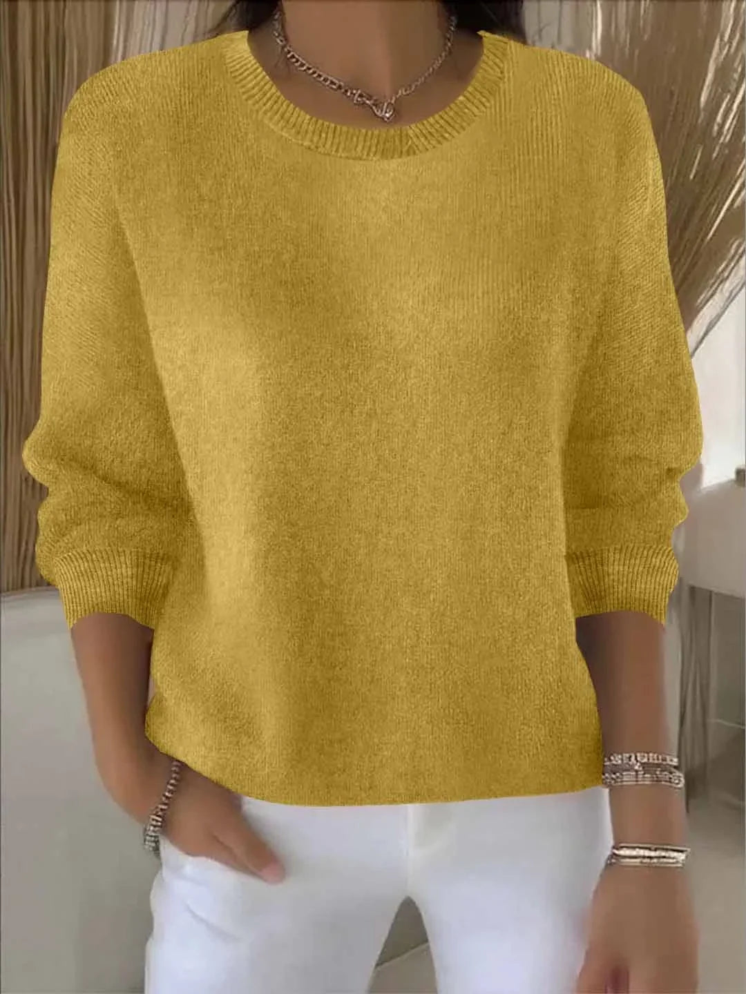 Women's soft knit crew-neck pullover sweater for layering – Yellow