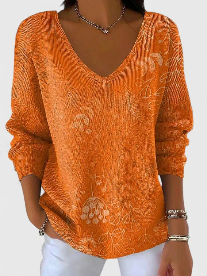 Women's floral ribbed V-neck jumper with leafy pattern – Orange