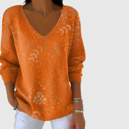 Women's floral ribbed V-neck jumper with leafy pattern – Orange