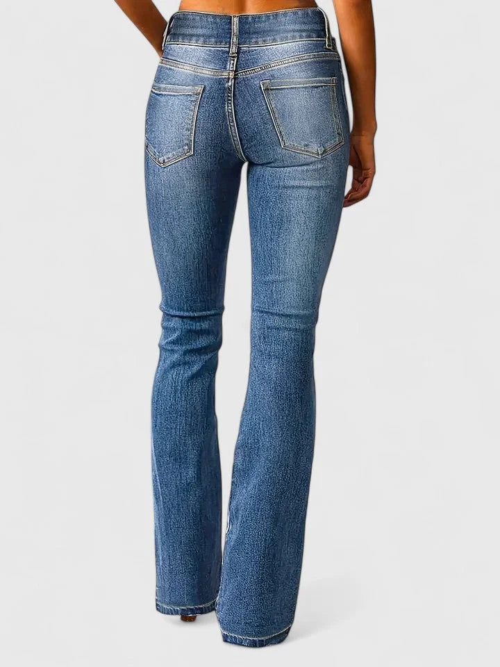 Women's denim button-front jeans with high waist flare leg