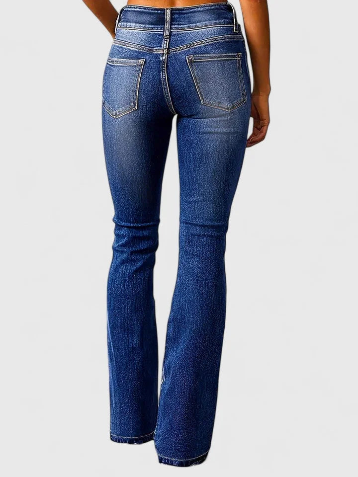 Women's denim button-front jeans with high waist flare leg