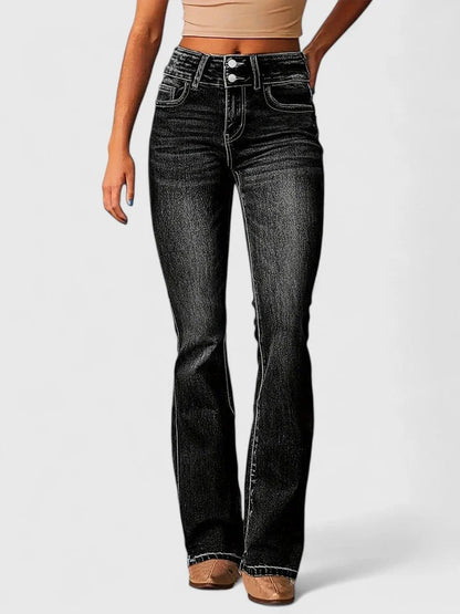 Women's denim button-front jeans with high waist flare leg – Black