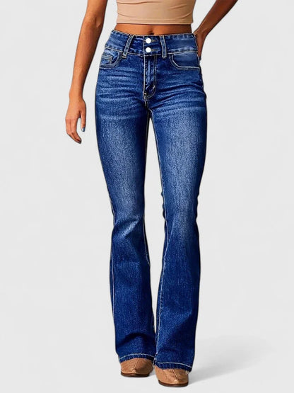 Women's denim button-front jeans with high waist flare leg – Navy Blue