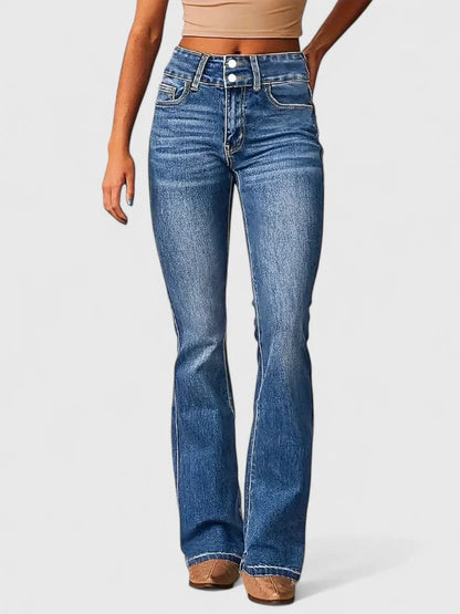 Women's denim button-front jeans with high waist flare leg – Ocean Blue