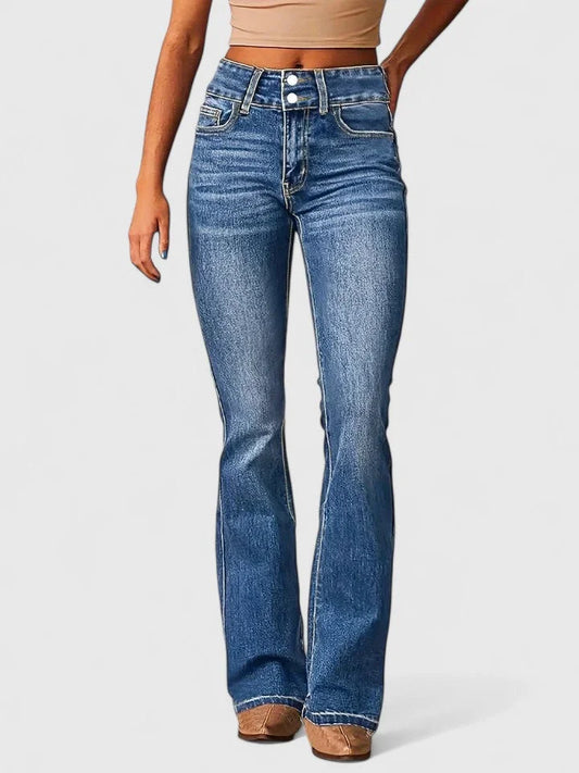 Women's denim button-front jeans with high waist flare leg – Ocean Blue