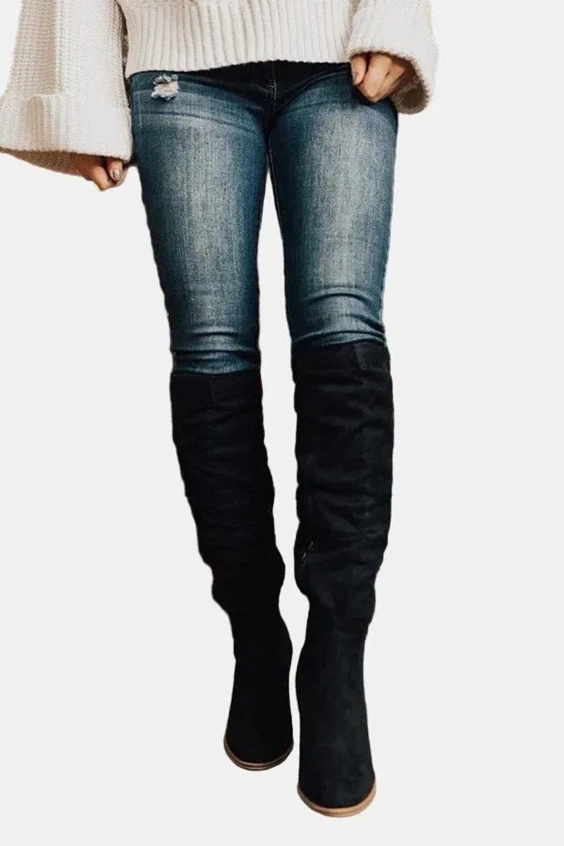 Women's stretch over-the-knee boots with block heel detail